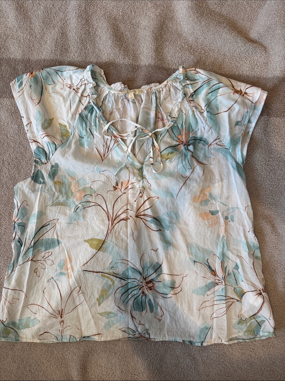 Parker White Floral Tie-Neck Blouse with Light Blue & Peach Accents